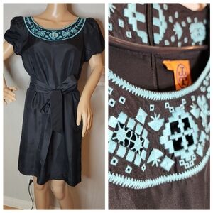 Tory Burch 100% Silk Black Dress Blue Embroidery Belted Size 4